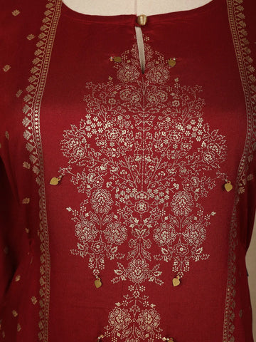 Dark Red Floral Designed Semi Silk Straight Cut Salwar Suit - Diadem