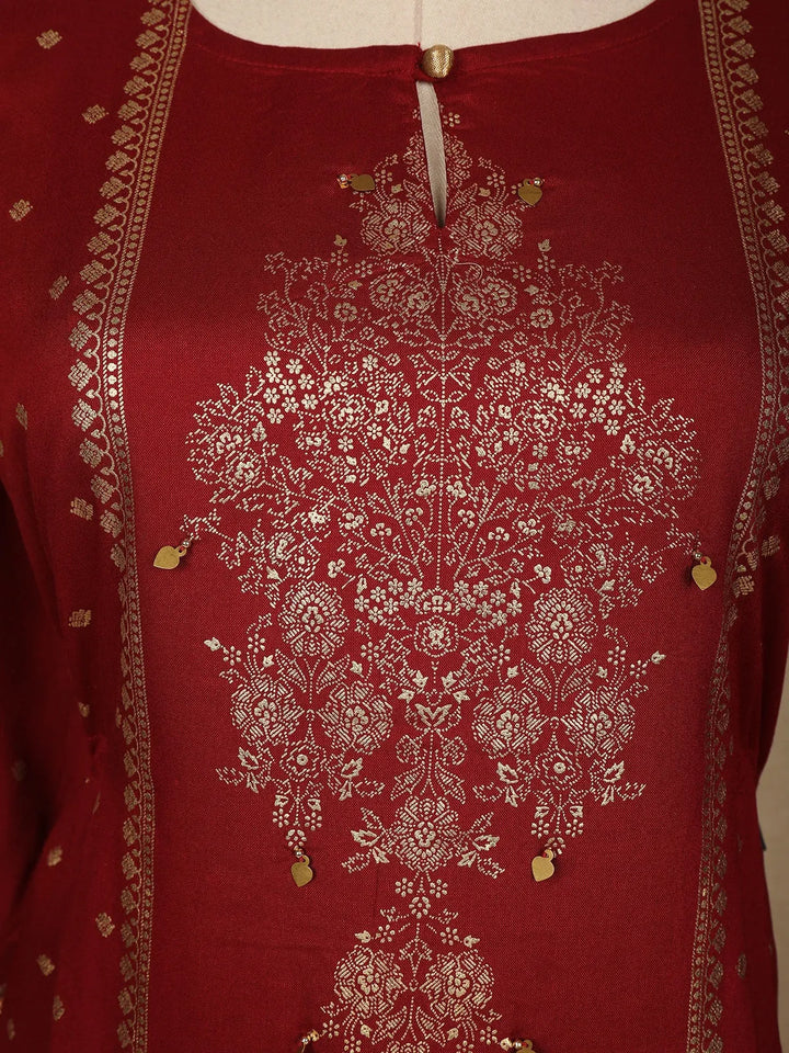 Dark Red Floral Designed Semi Silk Straight Cut Salwar Suit - Diadem
