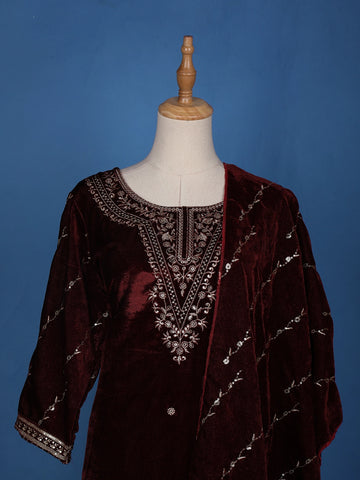 Dark Red Floral Designed Velvet Salwar Suit - Diadem