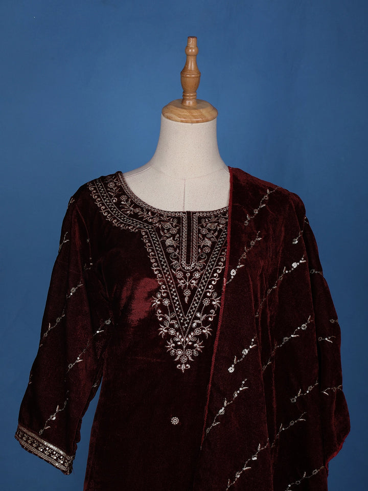 Dark Red Floral Designed Velvet Salwar Suit - Diadem