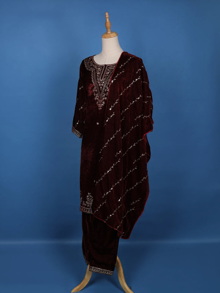 Dark Red Floral Designed Velvet Salwar Suit - Diadem