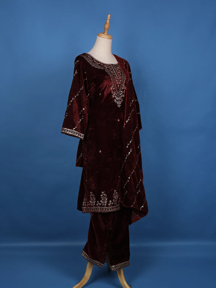 Dark Red Floral Designed Velvet Salwar Suit - Diadem