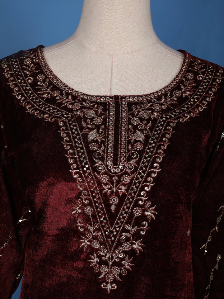 Dark Red Floral Designed Velvet Salwar Suit - Diadem