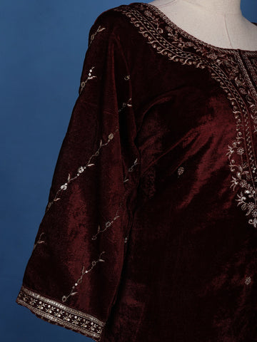 Dark Red Floral Designed Velvet Salwar Suit - Diadem