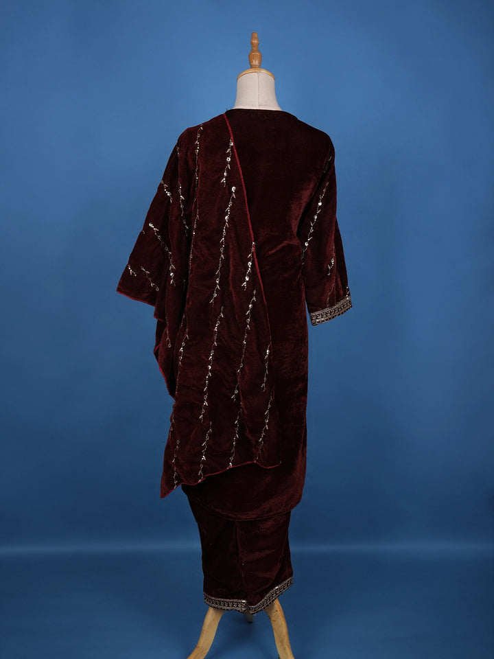 Dark Red Floral Designed Velvet Salwar Suit - Diadem