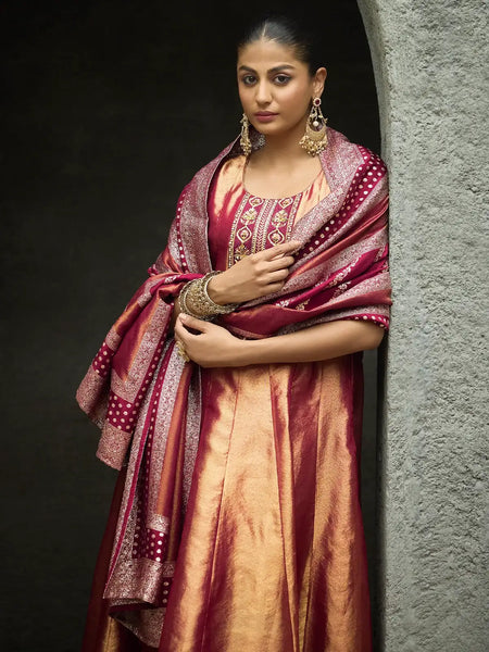 Burgundy And Gold Floral Embroidered Tissue Silk Anarkali Salwar Suit - Diadem