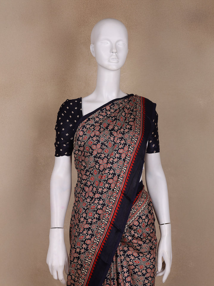 Navy Blue Ajrak Print Mul Mul Cotton Saree - Diadem