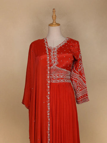 Red Floral Embroidered Crepe Bridesmaids Lehenga - Diadem