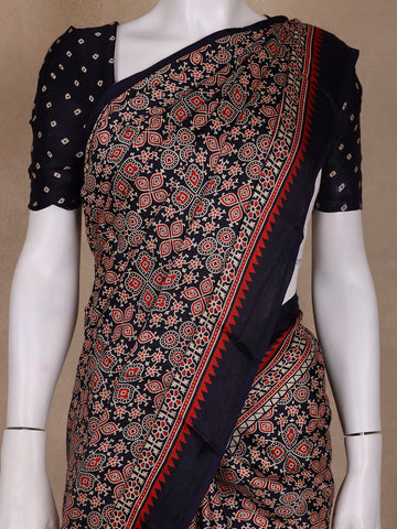 Navy Blue Ajrak Print Mul Mul Cotton Saree - Diadem