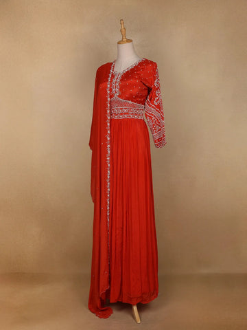 Red Floral Embroidered Crepe Bridesmaids Lehenga - Diadem
