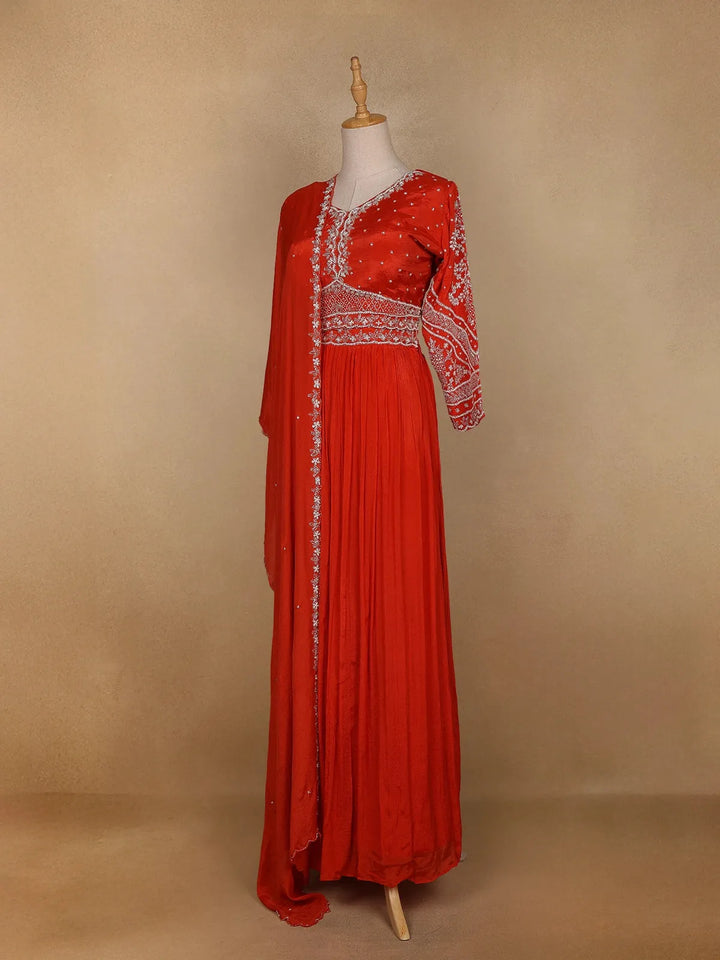 Red Floral Embroidered Crepe Bridesmaids Lehenga - Diadem