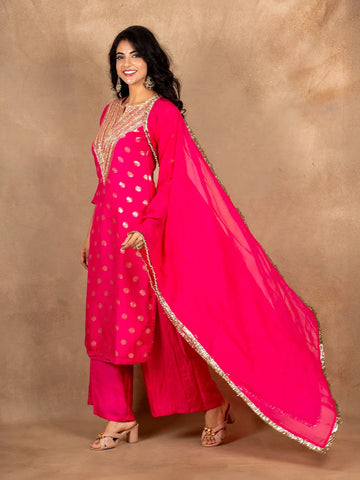 Queen Pink Sequence Embroidered Banarasi Silk Palazzo Salwar Suit - Diadem