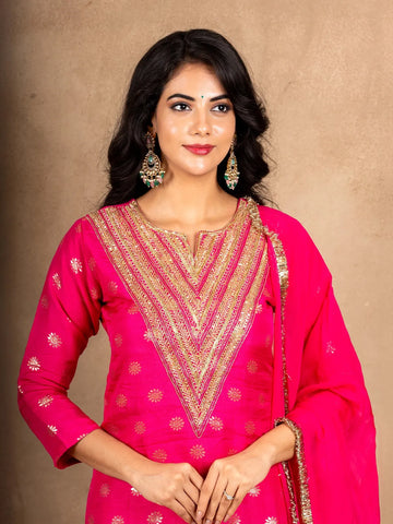 Queen Pink Sequence Embroidered Banarasi Silk Palazzo Salwar Suit - Diadem