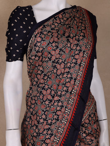 Navy Blue Ajrak Print Mul Mul Cotton Saree - Diadem