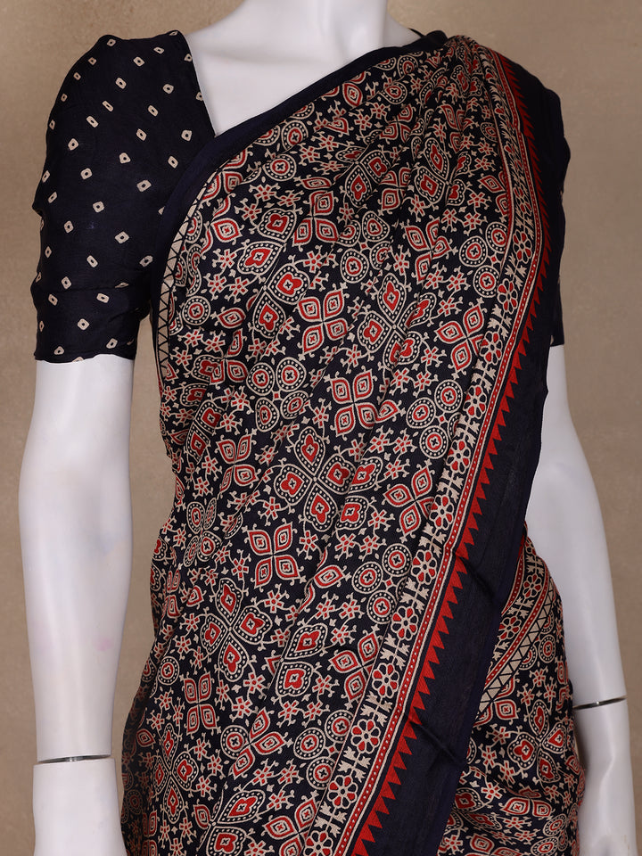 Navy Blue Ajrak Print Mul Mul Cotton Saree - Diadem