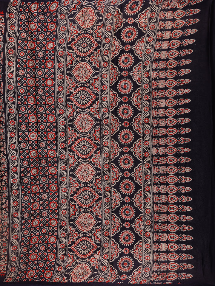 Navy Blue Ajrak Print Mul Mul Cotton Saree - Diadem