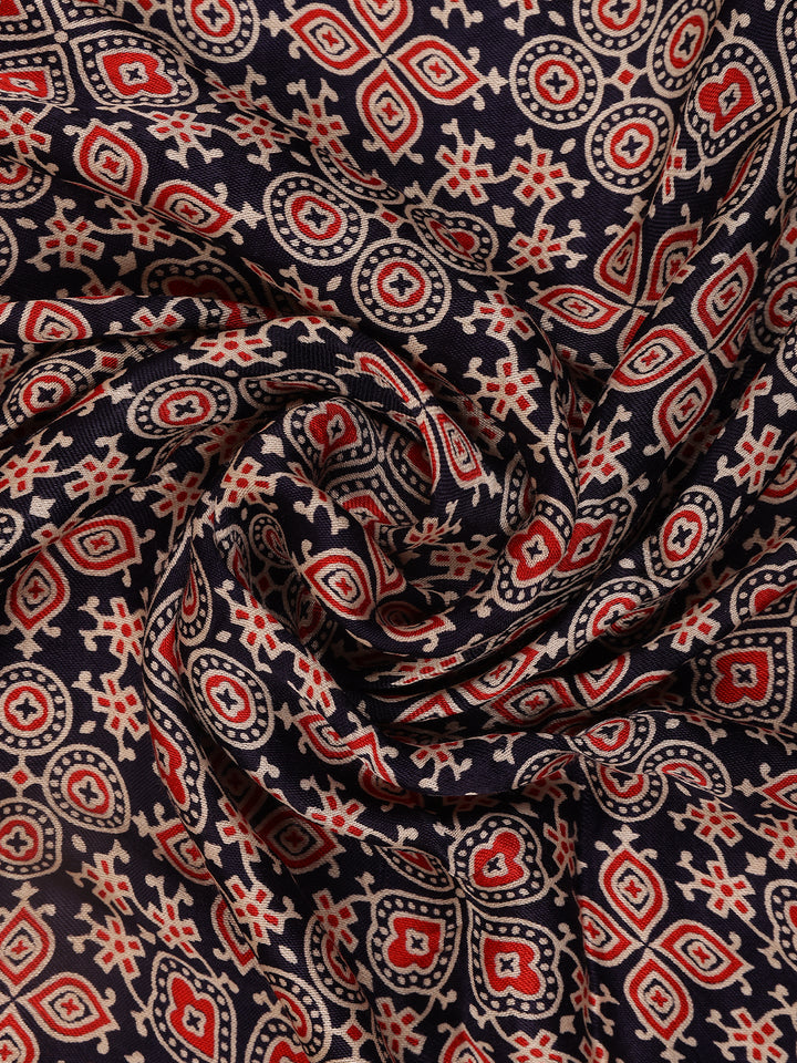 Navy Blue Ajrak Print Mul Mul Cotton Saree - Diadem