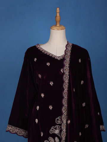 Dark Red Floral Designed Velvet Salwar Suit - Diadem