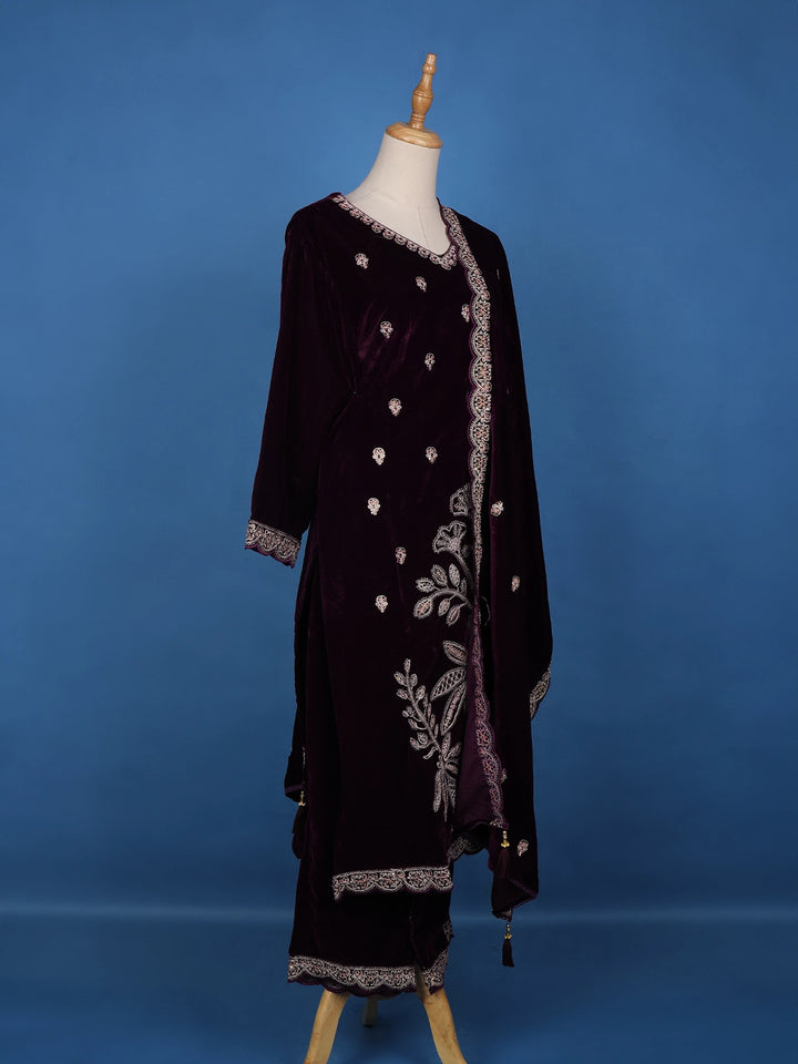 Dark Red Floral Designed Velvet Salwar Suit - Diadem