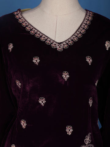 Dark Red Floral Designed Velvet Salwar Suit - Diadem