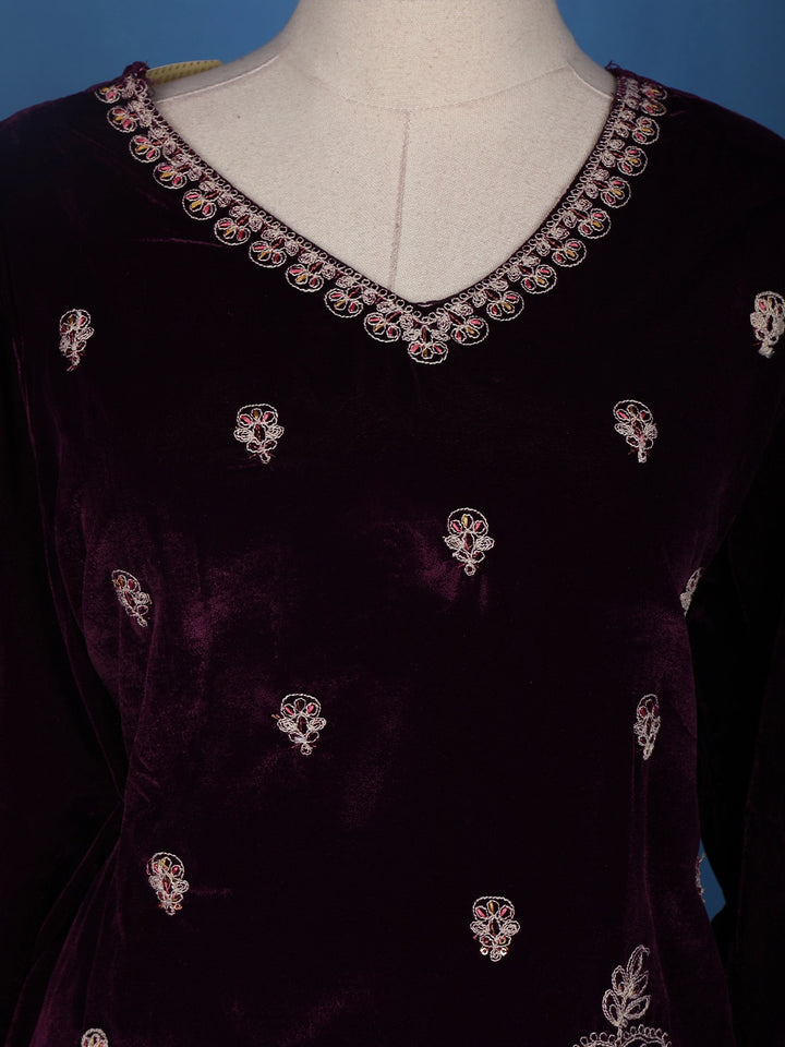 Dark Red Floral Designed Velvet Salwar Suit - Diadem