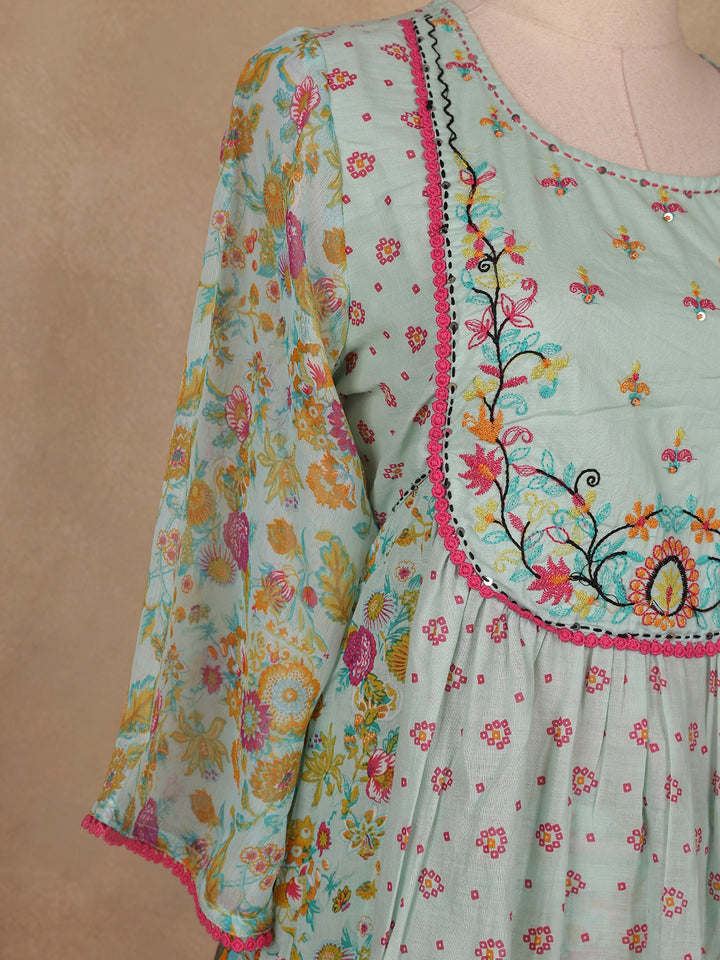 Mint Green Floral Printed Cotton Salwar Suit - Diadem