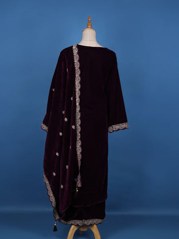 Dark Red Floral Designed Velvet Salwar Suit - Diadem