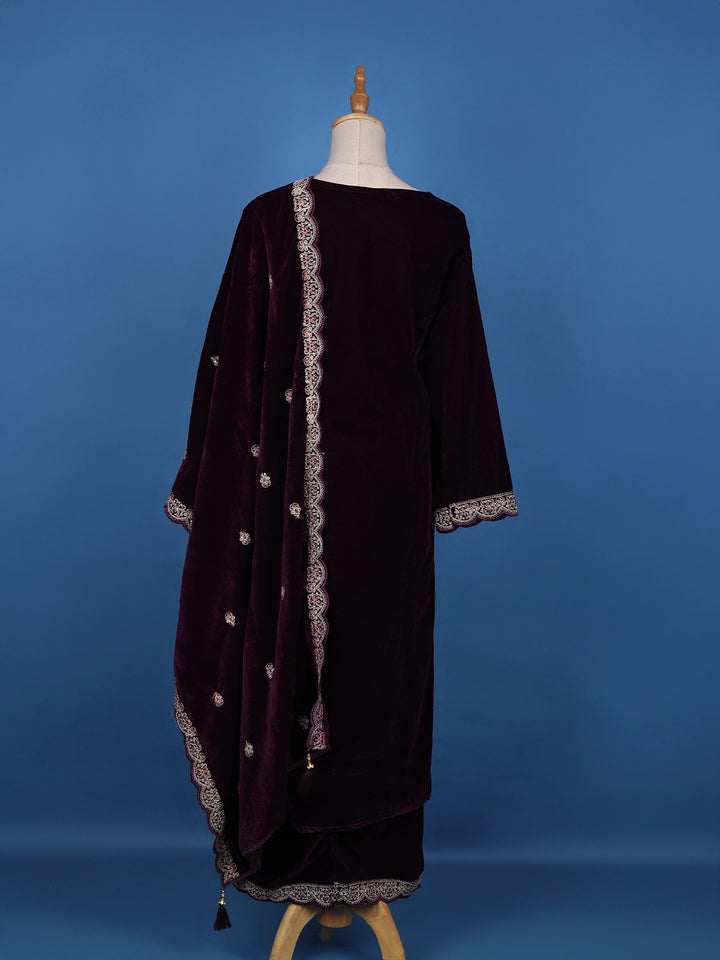 Dark Red Floral Designed Velvet Salwar Suit - Diadem