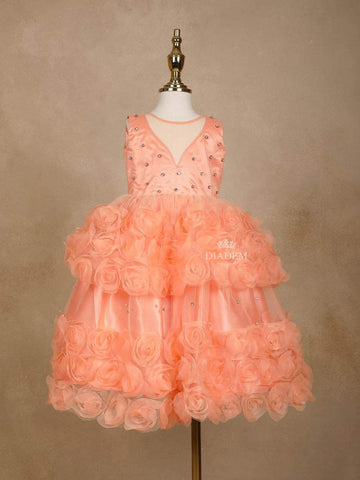 Orange Net Ball Gown Embellished with 3D Flowers Design and Stonework - Diadem