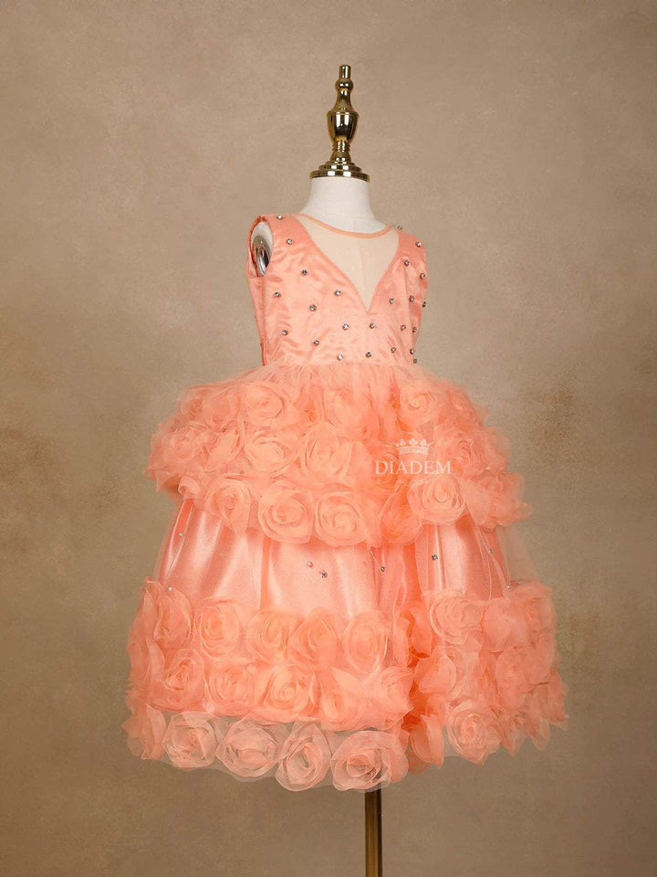 Orange Net Ball Gown Embellished with 3D Flowers Design and Stonework - Diadem