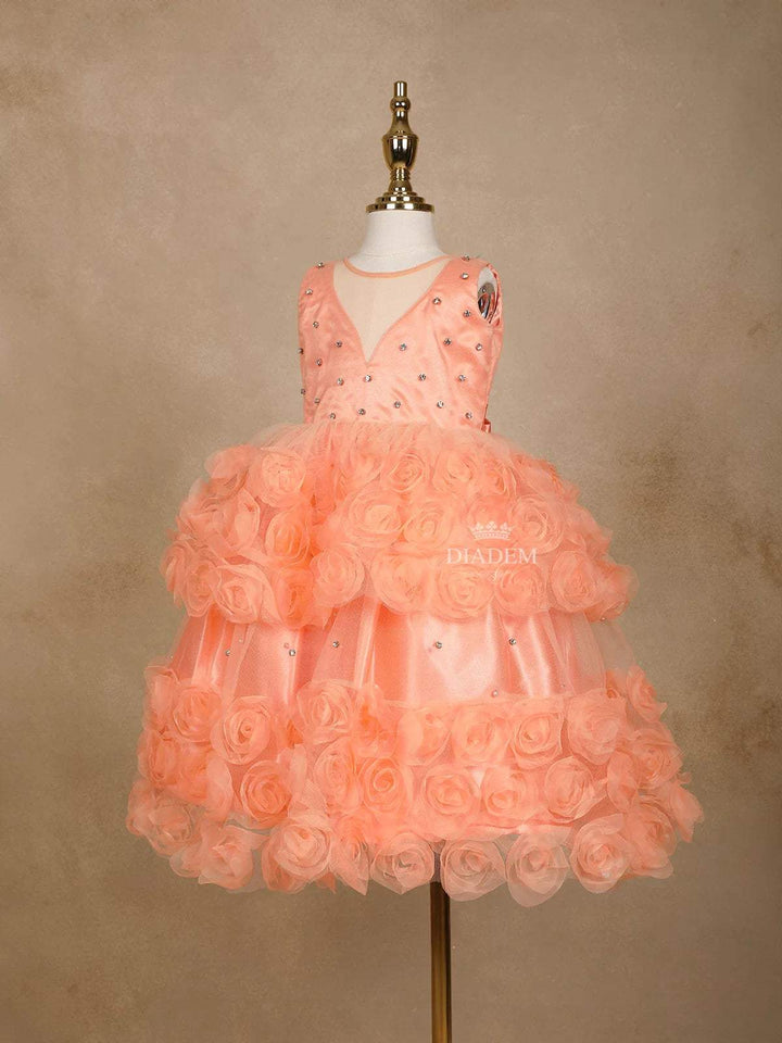 Orange Net Ball Gown Embellished with 3D Flowers Design and Stonework - Diadem