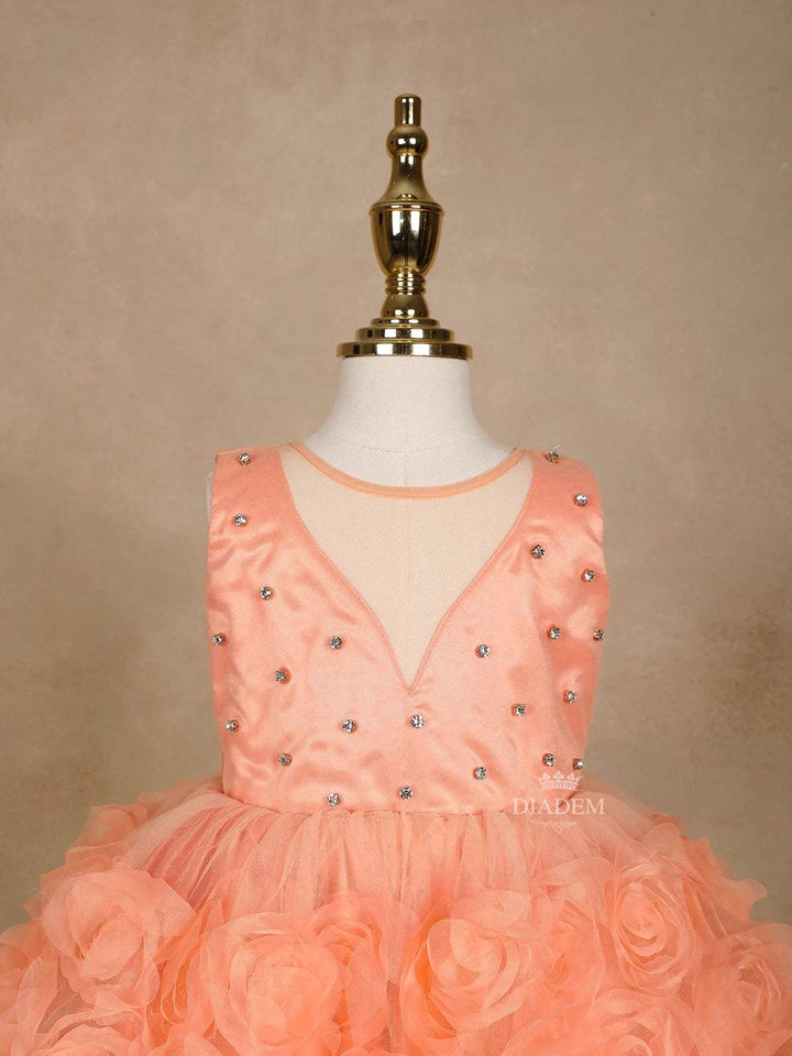 Orange Net Ball Gown Embellished with 3D Flowers Design and Stonework - Diadem