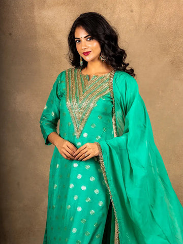 Aqua Green Floral Designed Banarasi silk Palazzo Salwar Suit - Diadem