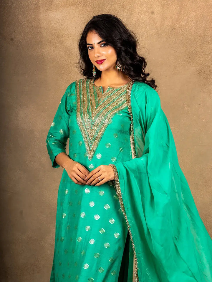 Aqua Green Floral Designed Banarasi silk Palazzo Salwar Suit - Diadem