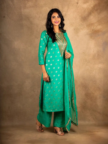 Aqua Green Floral Designed Banarasi silk Palazzo Salwar Suit - Diadem