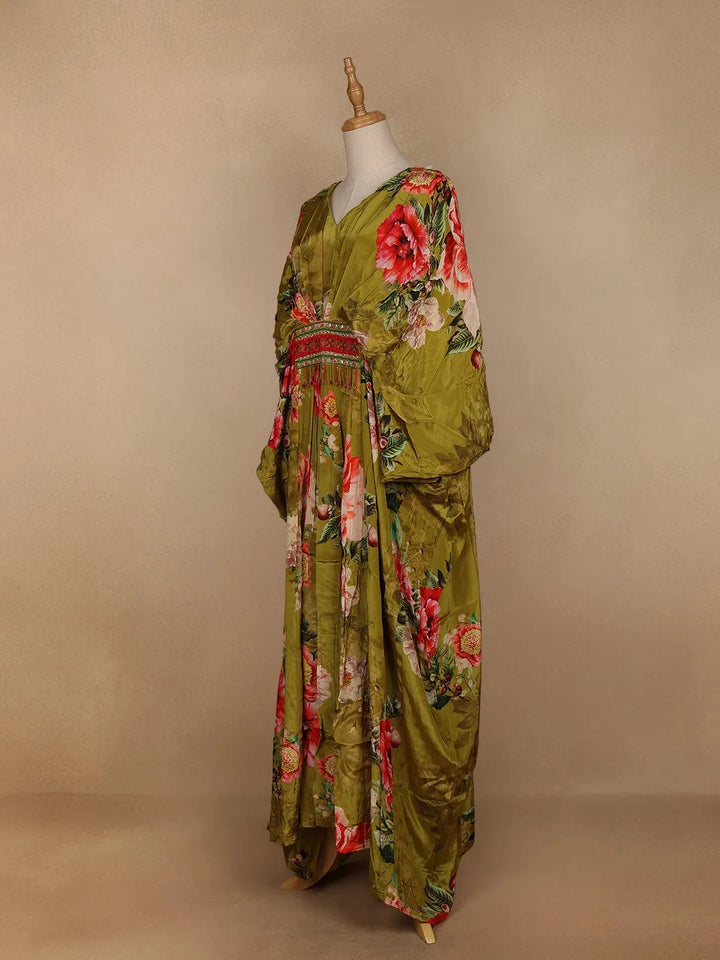 Green Floral Printed Kaftan-style Crepe Gown - Diadem