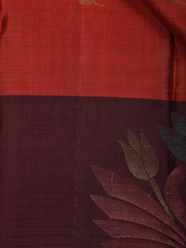 Rust Orange Peacock And Leaf Motif Pure Kanchipuram Silk Saree - Diadem