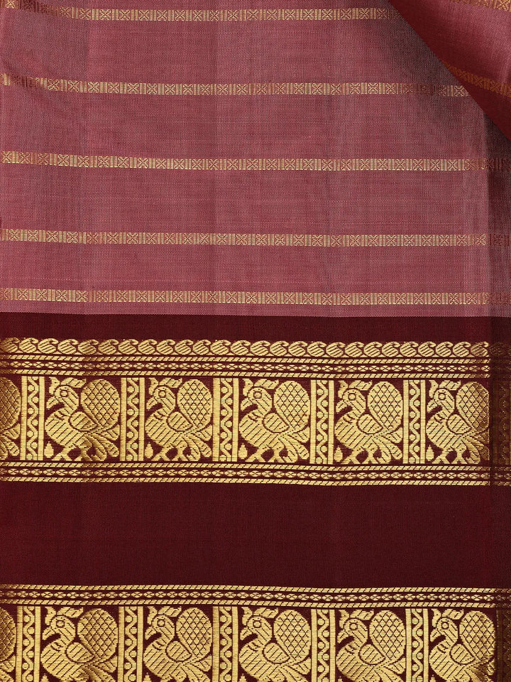 Onion Pink Stripes Woven Pure Kanchipuram Silk Saree - Diadem