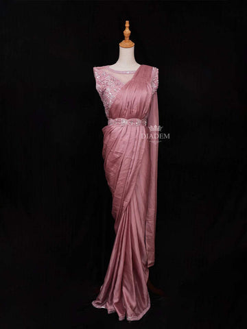 Onion Pink Satin Ready to Wear Saree with Plain Body Paired with Designer Blouse and Waist Belt - Diadem