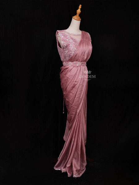 Onion Pink Satin Ready to Wear Saree with Plain Body Paired with Designer Blouse and Waist Belt - Diadem