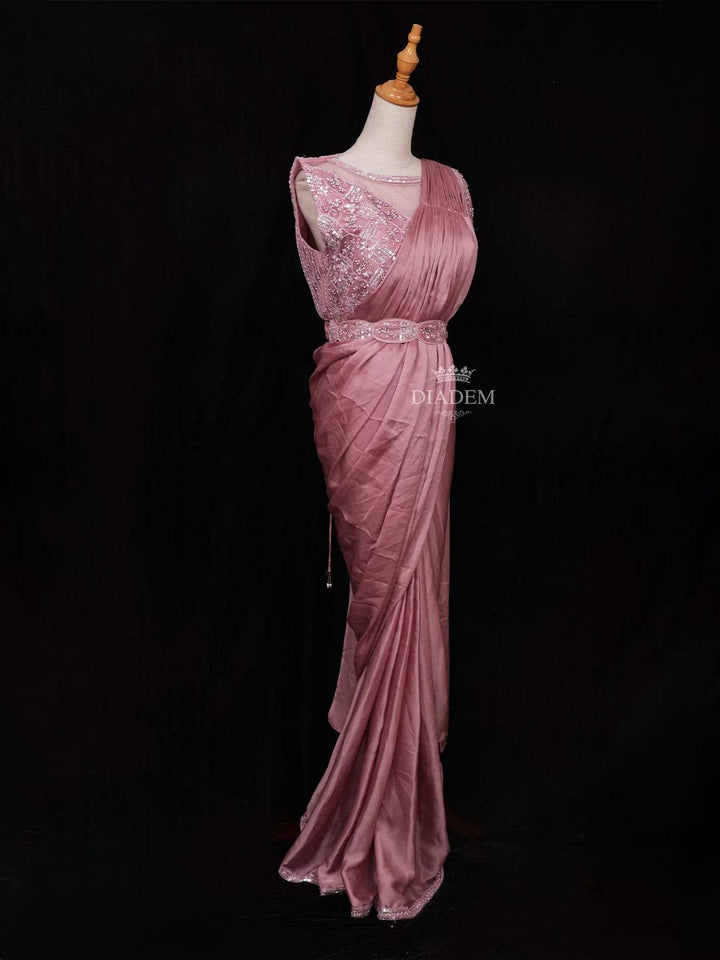 Onion Pink Satin Ready to Wear Saree with Plain Body Paired with Designer Blouse and Waist Belt - Diadem