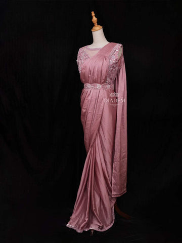 Onion Pink Satin Ready to Wear Saree with Plain Body Paired with Designer Blouse and Waist Belt - Diadem