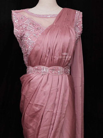 Onion Pink Satin Ready to Wear Saree with Plain Body Paired with Designer Blouse and Waist Belt - Diadem