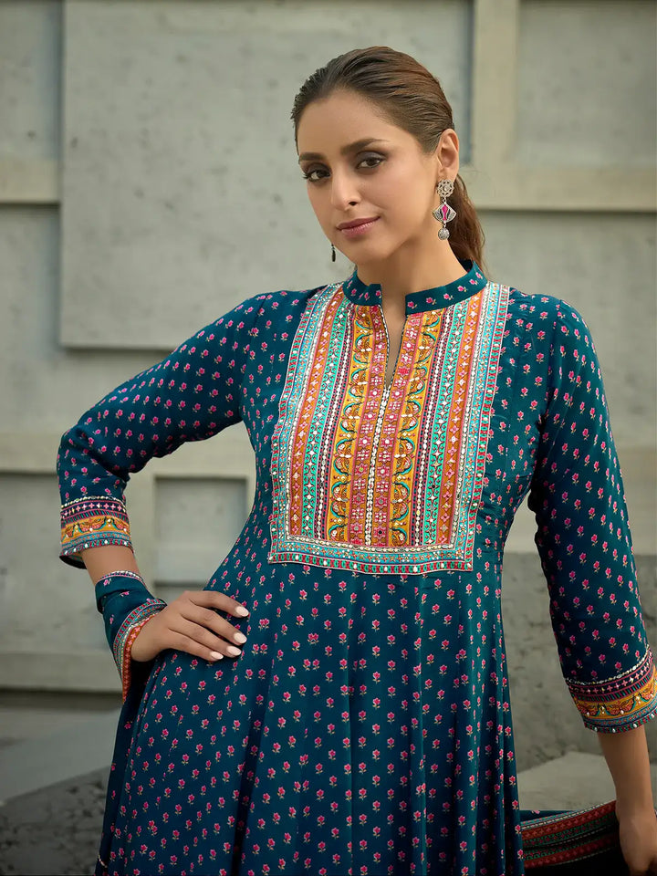 Blue Floral Printed Synthetic Salwar Suit - Diadem