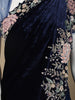 Navy Blue Floral Embroidered Velvet Designer Saree