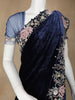 Navy Blue Floral Embroidered Velvet Designer Saree