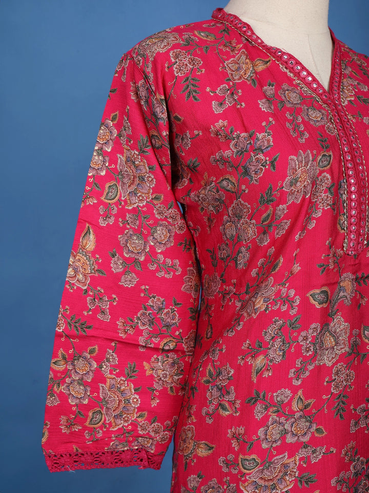 Pink Floral Designed Raw Silk Salwar Suit - Diadem