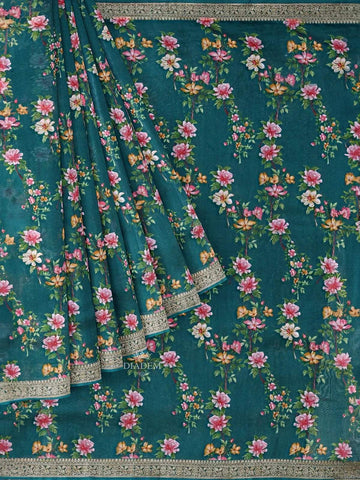 Green Chanderi Silk Saree with Floral Prints on the body and Thread Border - Diadem