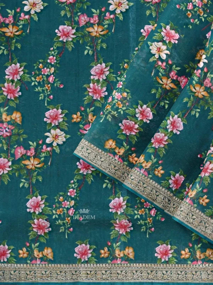 Green Chanderi Silk Saree with Floral Prints on the body and Thread Border - Diadem