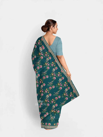 Green Chanderi Silk Saree with Floral Prints on the body and Thread Border - Diadem